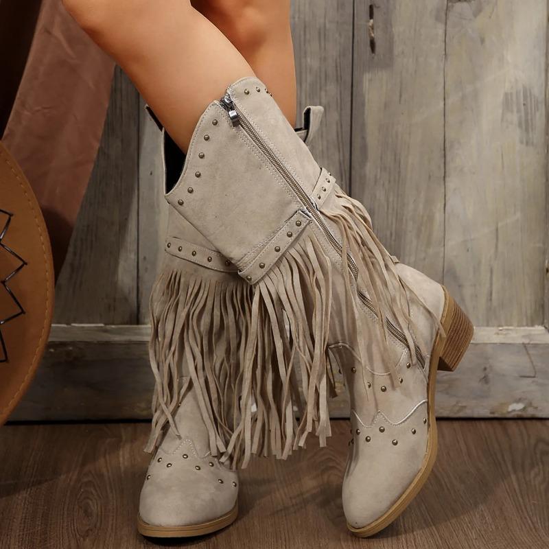 2025 Winter Women Fringes Thick Heel High Boots Suede Pointed Toe Outdoor Fashion Platform Shoes Willow Nails Pumps Women Shoes