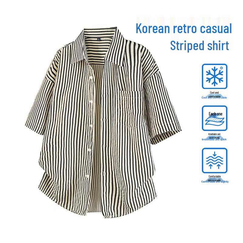 MEDE Men s Korean Style Striped Short-Sleeve Casual Shirt 3XL