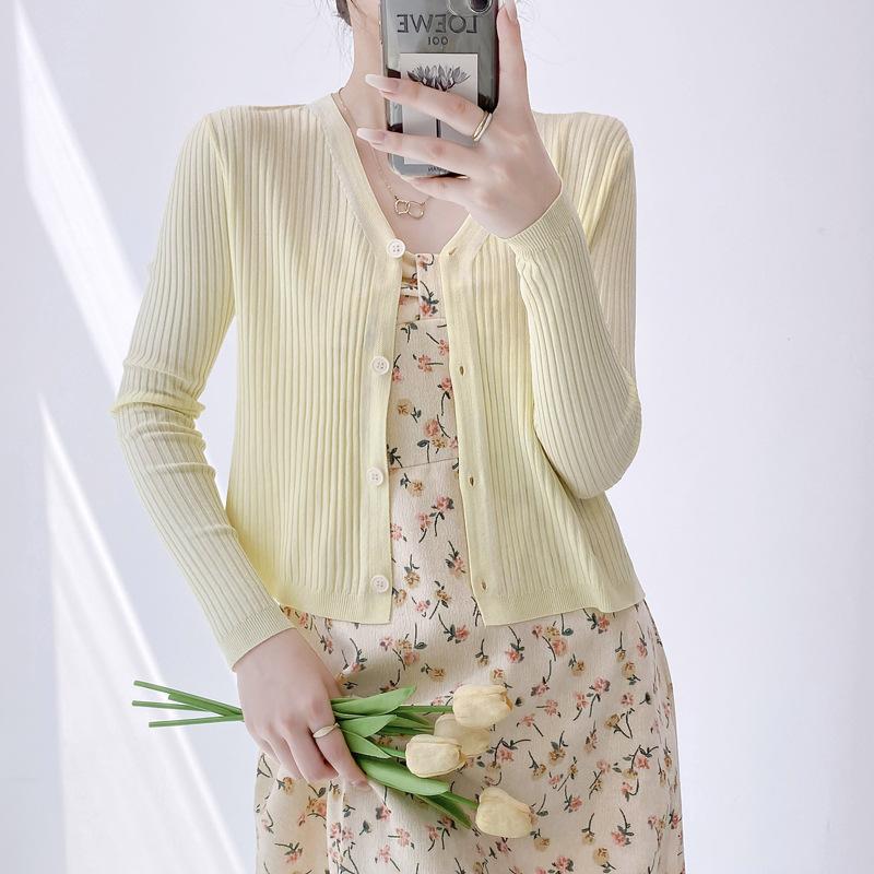 

Кардиган женский белый короткий с длинным рукавом тонкий с юбкой шаль топ вязаная куртка one size fits all светло-желтого