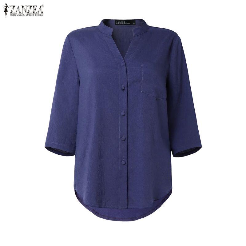 ZANZEA Women Casual V-Neck Solid Color Loose 3/4 Sleeve Blouse