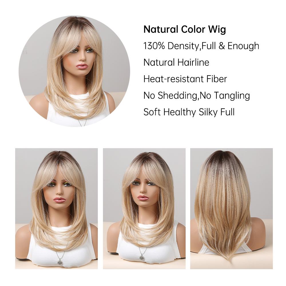 Synthetic Wigs Long Natural Wavy Wig Ombre Brown Golden Highlight Blonde Layered Hair with Side Bangs for Women Heat Resistant