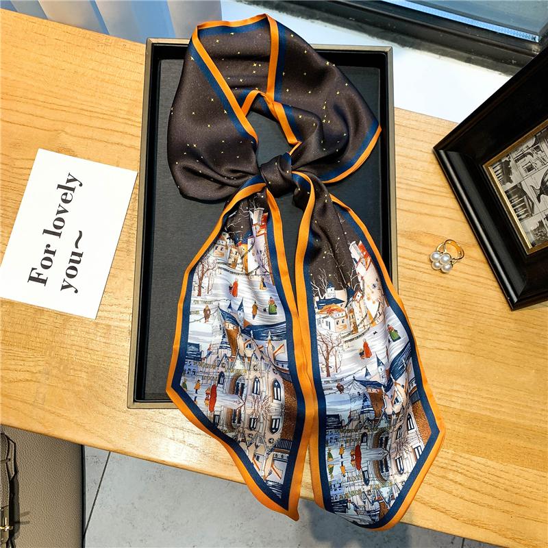 Luksuriøst langt silkeskjerf for kvinner, dyre- og hesteprint, tynt smalt skjerf, veskebånd, hårbånd, sløyfe, skjerf, damehalsklut