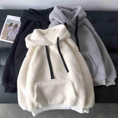 Lammwoll-Sweatshirt für Damen im Herbst und Winter Koreanischer Stil Mode Lässig Trendig Kapuzenpullover Plüsch Samt Dick Locker Jacke Oberteil