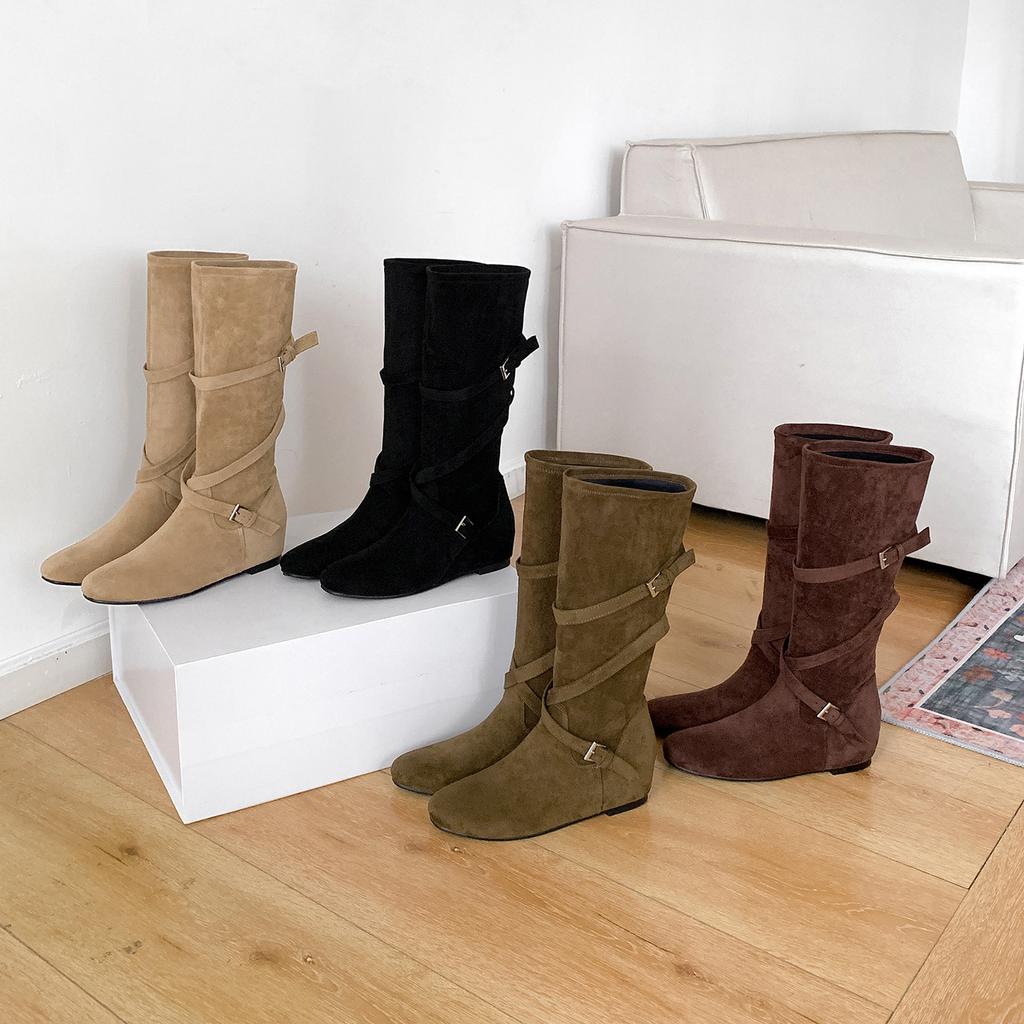 Retro temperament thick heel khaki over-the-knee boots women's boots small slim inner heightening stacking boots knight boots