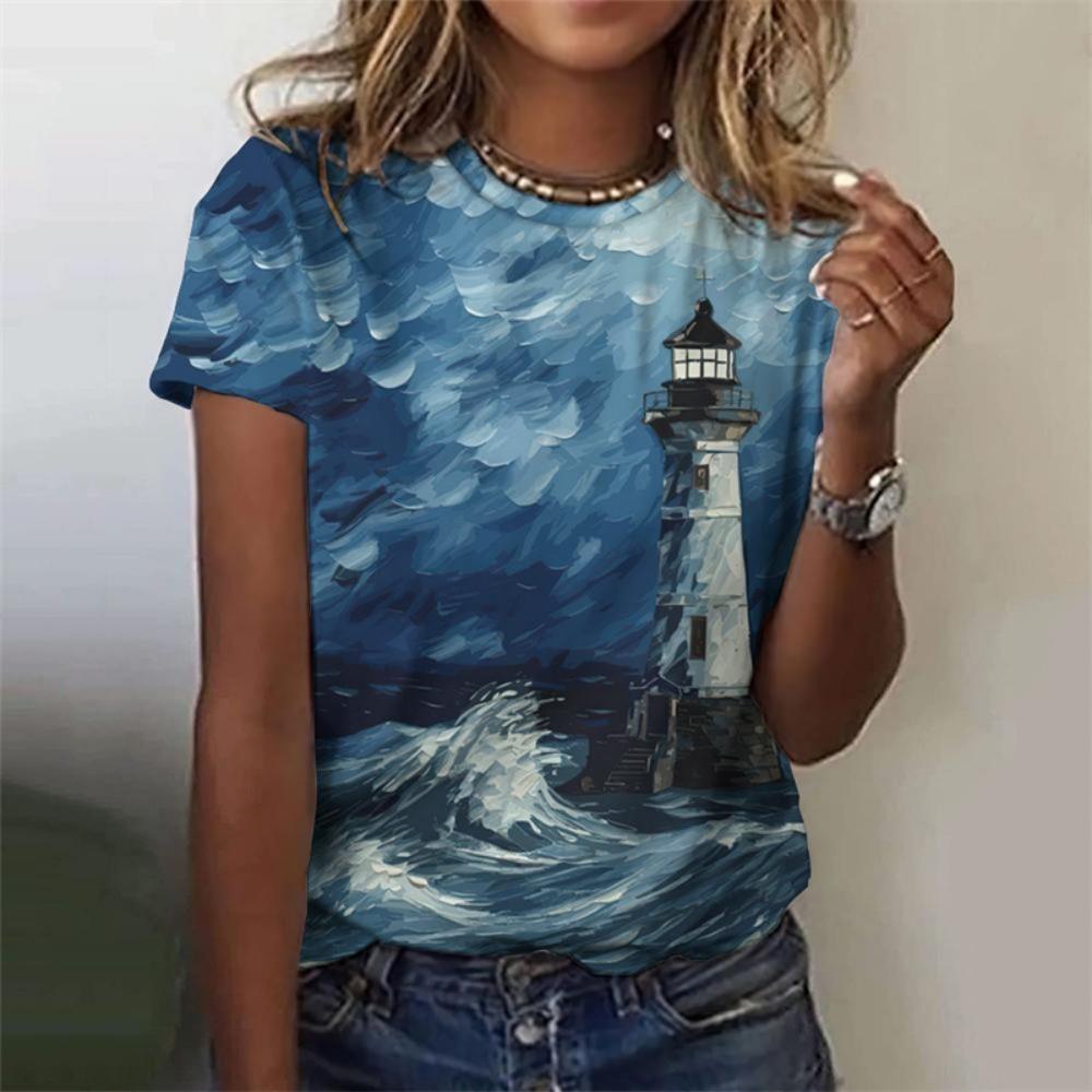 Sommer 3D-gedrucktes Ozean-Leuchtturm-T-Shirt für Damen Grafik-T-Shirts Nachtszene Lässige Harajuku T-Shirts Kurzarm Rundhals Oberteile