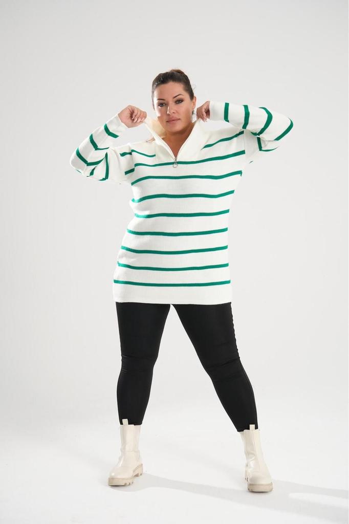 Women's Big Size Blouse Black Zipper Collar Black Striped Knitted Knitwear Plus Size Blouse