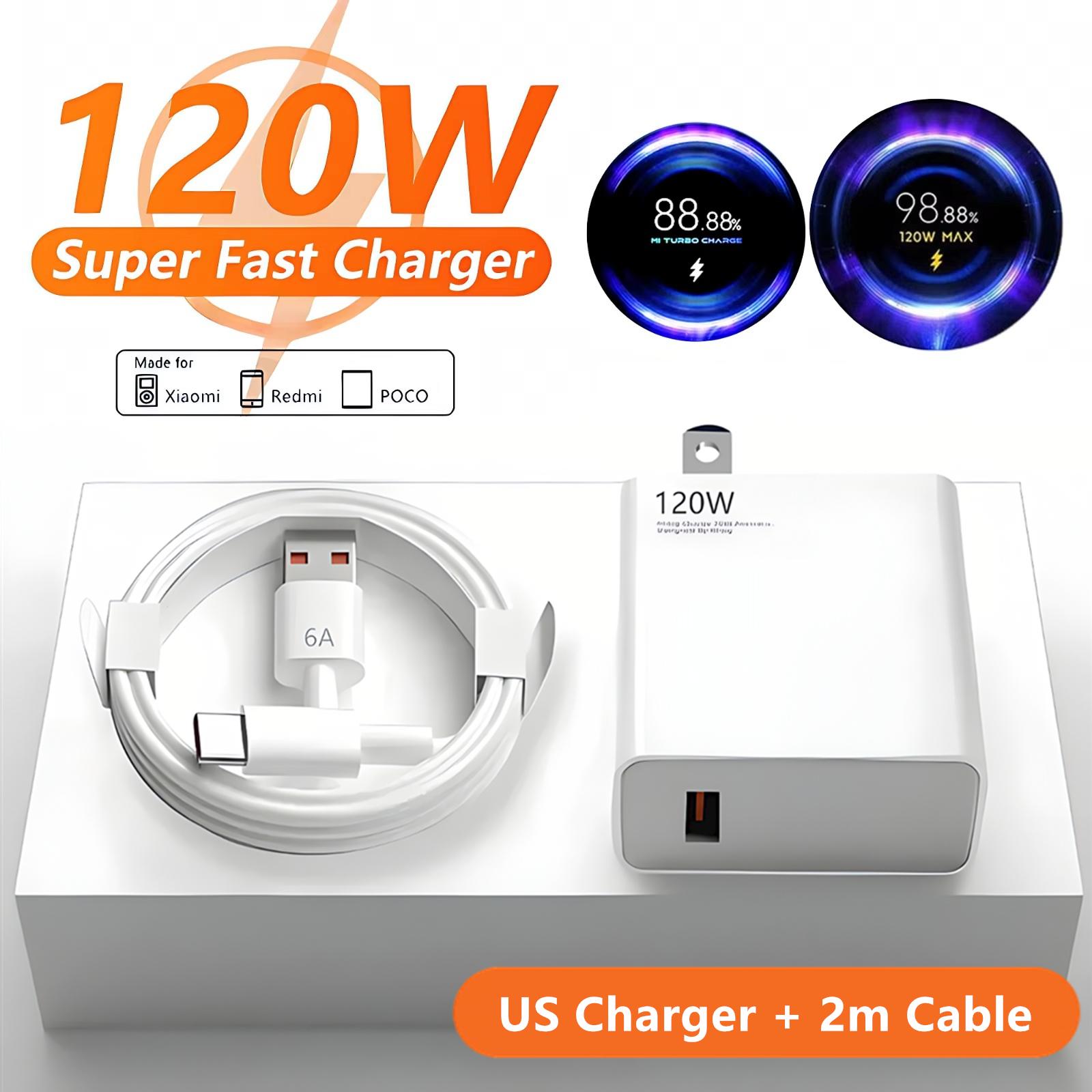 

Быстрое сетевое зарядное устройство USB 6A 120 Вт для Xiaomi 11 12 13 14 Ultra Redmi Note 10 11T 12 13 POCO F5 X5 Pro Type C Turbo зарядный кабель US Plug - 2m Cable