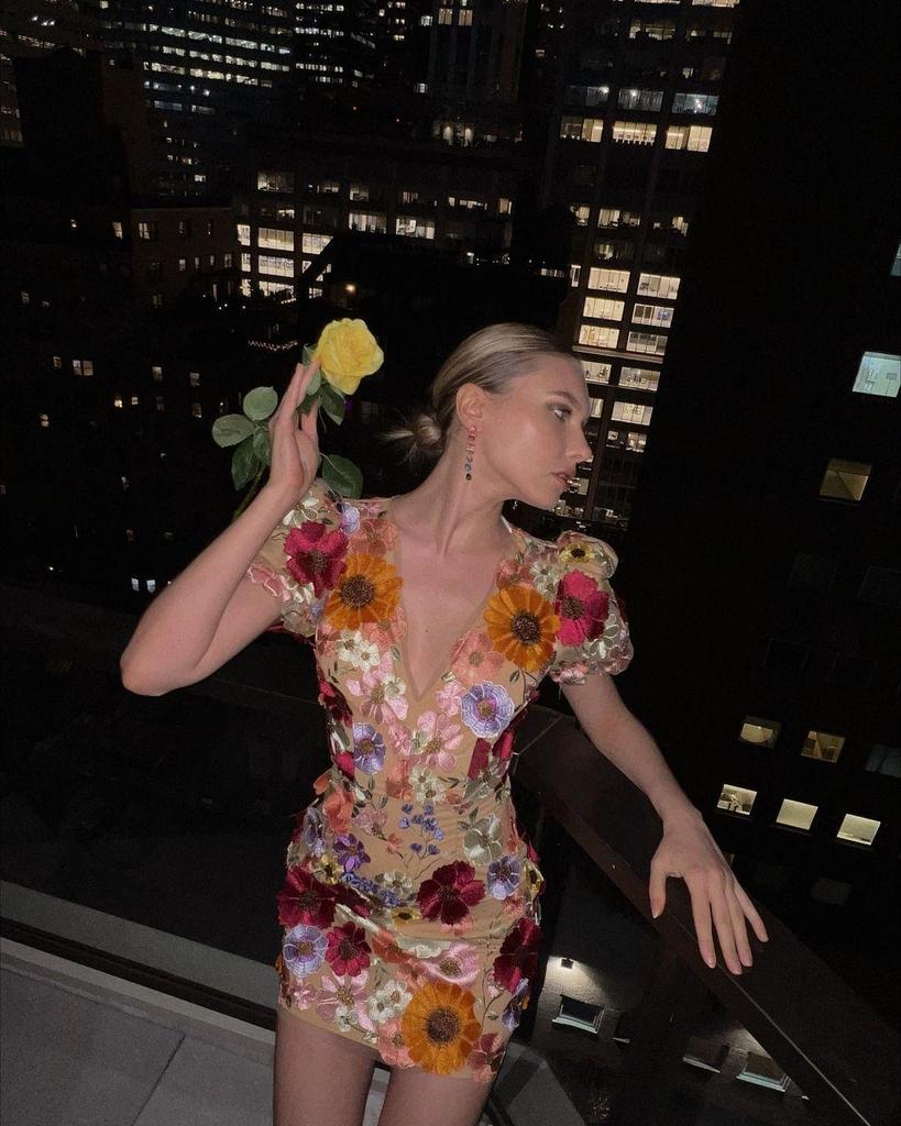 V-Neck Lantern Sleeve Dress with 3D Floral Embroidery