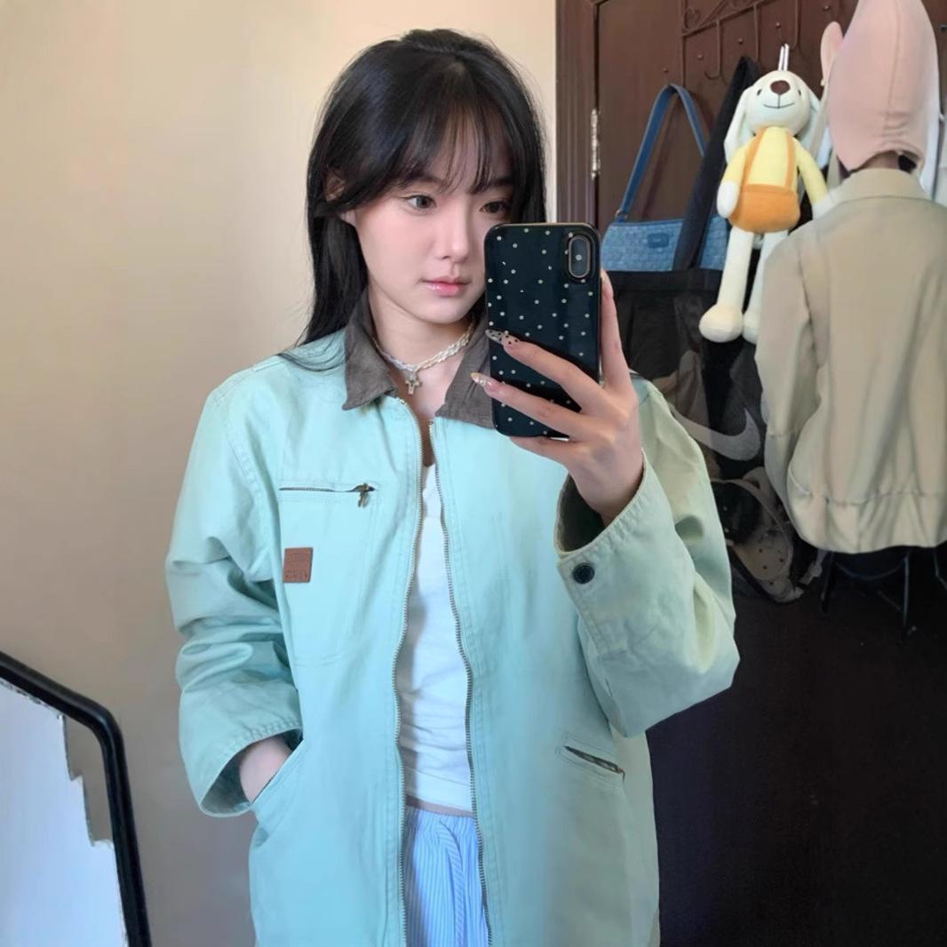 

Japanese Retro Women s Color Block Jacket - 2024 Spring/Autumn Turn-Down Collar Casual Workwear Top Trend XL м ята зелений колір