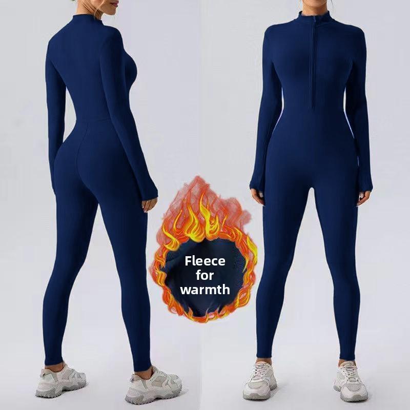 Winter Warm Fleece Tight Jumpsuit Yoga Fitness Dance Cycling Jumpsuit Zipper Tight Jumpsuit Pilates Sports Warm Training Jumpsuit