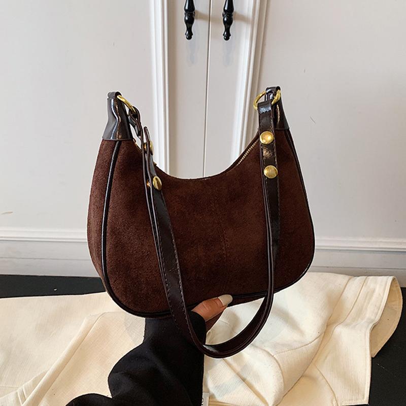 Faux Suede Solid Color Large Capacity Hobos Shoulder Bags for Women High Quality Versatile Undearm Ruched Handle Bags