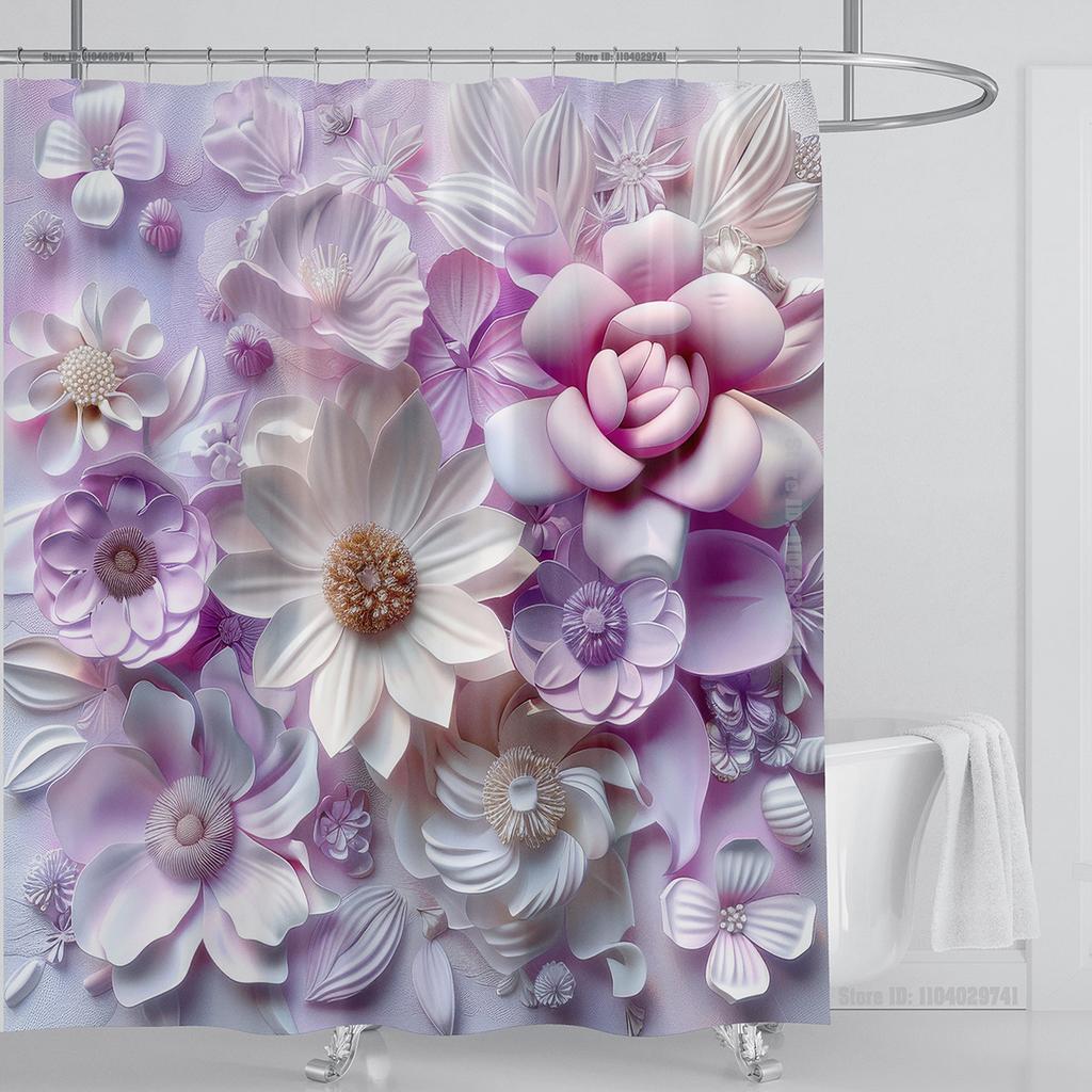 3D Red Floral Shower Curtain Set Pink Flower Design Fabric Bathroom Decor Waterproof Washable Shower Curtain Set with Hooks