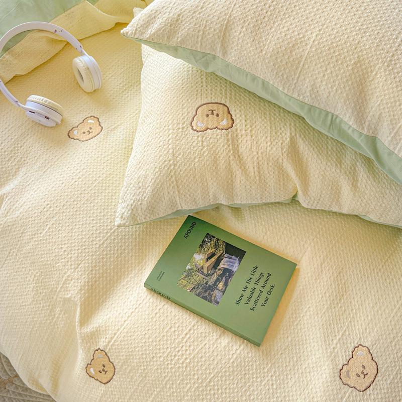 Neues gesticktes Waffelmuster Baumwoll-Bettbezug-Set mit Laken Weiche hautfreundliche Queen-Bettwäsche-Sets Bettdeckenbezug Kissenbezüge