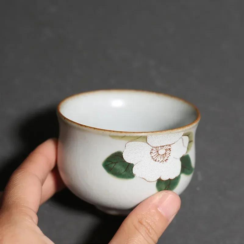 Retro Ru Kiln Ceramic Teacup Travel Portable Meditation Cup Hand Painted Flower Tea Bowl Master Cup Handmade Tea Set Accessories
