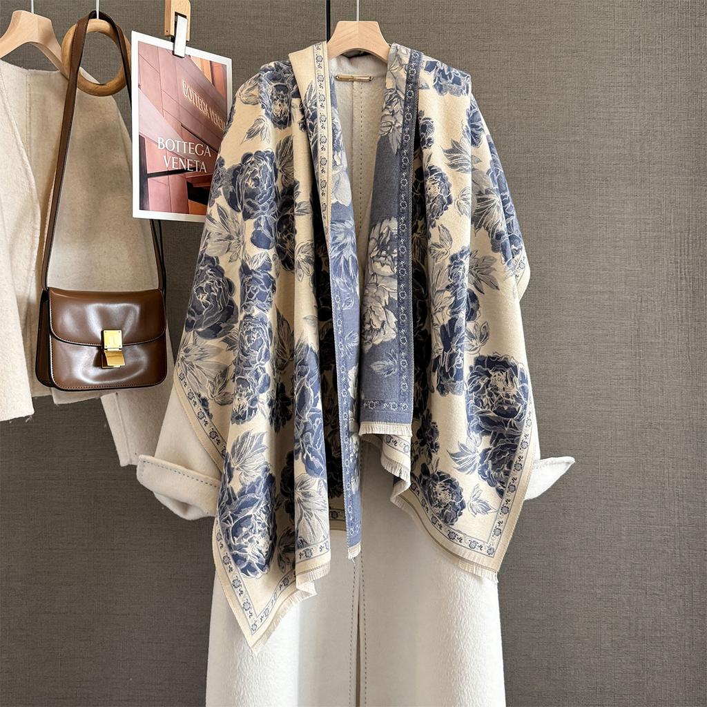 Autumn and Winter Retro Style New Full Print Peony Jacquard Scarf Women's Versatile Warm Scarf Multi-functional Shawl