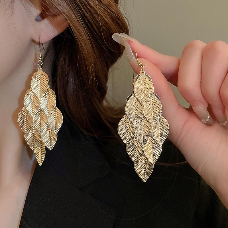 Metallic Texture Leaf Sequins Fringed Ear Hook Earrings Personality Temperament Earrings