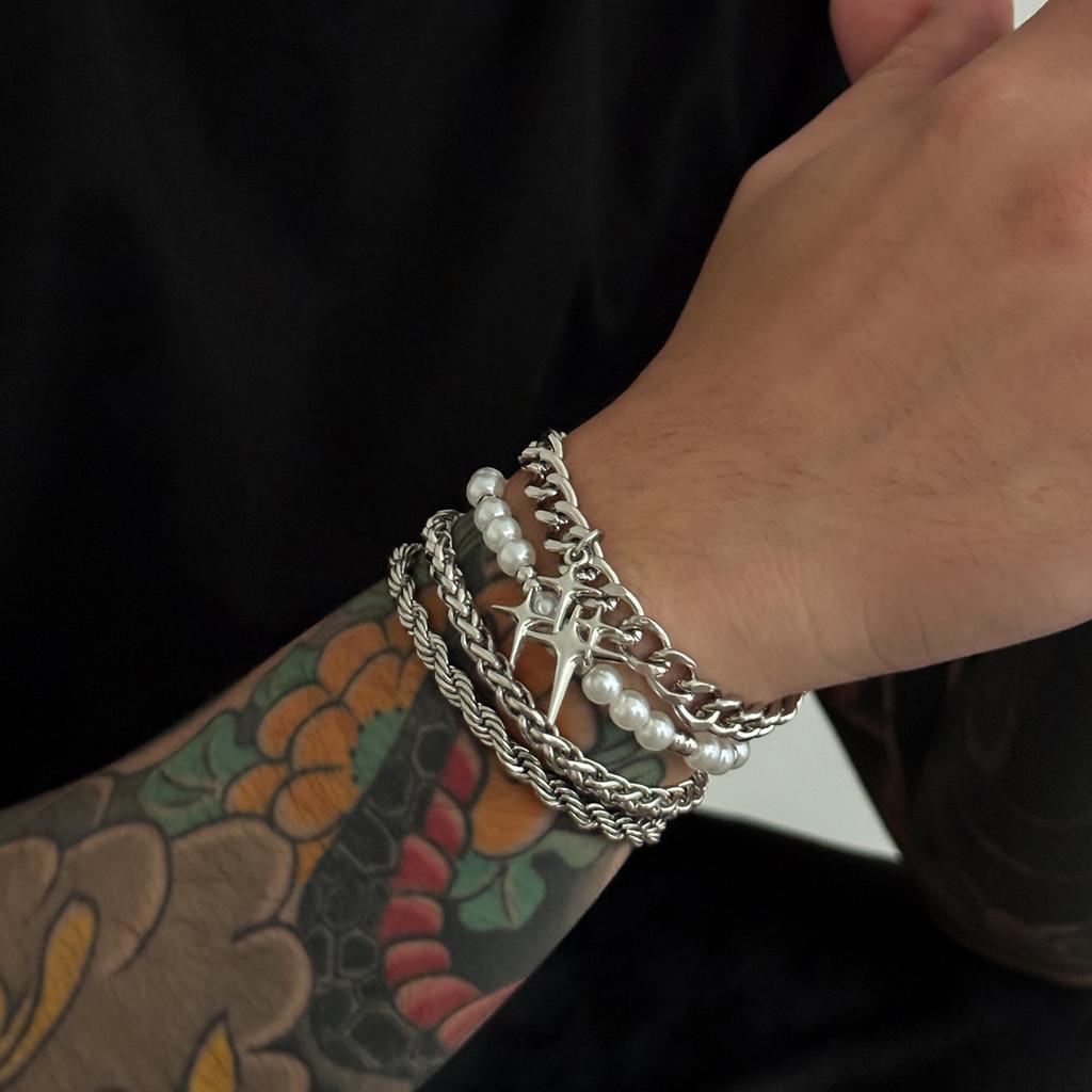 Hip-Hop Personality Four-Pointed Star Bracelet for Men Trendy Fashion Niche Pearl Braided Chain Bracelet Men's Jewelry
