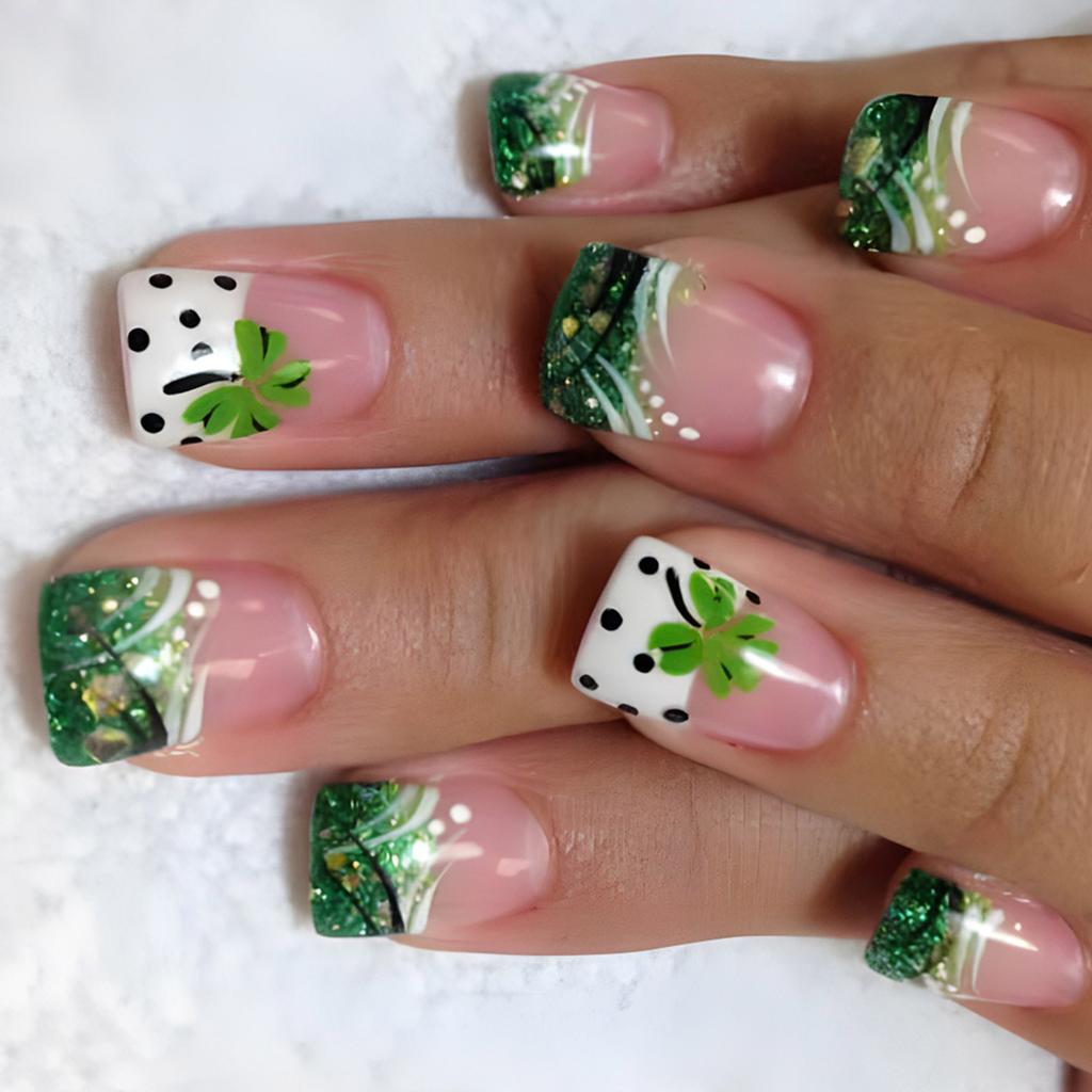 24 Pcs French Tip Press On Nail Short False Nail Shamrocks Stick On Nail Saint Patricks Day Acrylic Nail for Woman