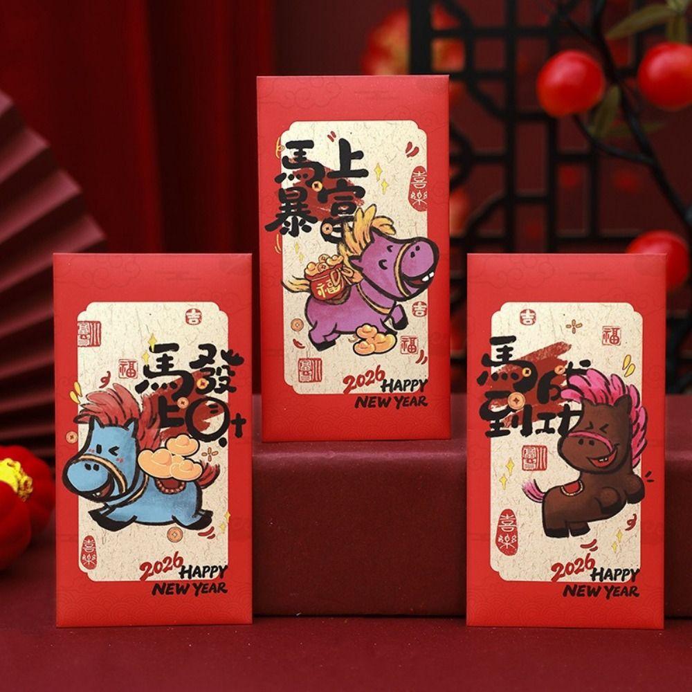 6Pcs Paper 2026 Horse Year Red Envelope Traditional Cartoon Chinese New Year Envelope Lucky Bless Words Lucky Money Bag