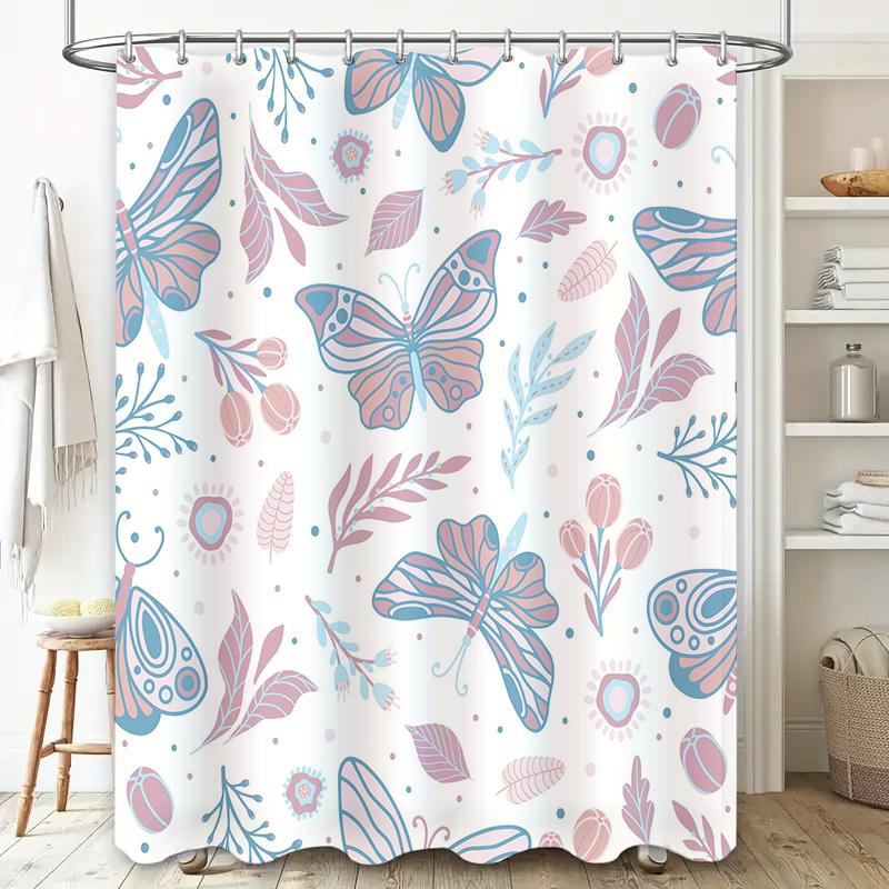 Beautiful Butterfly and Floral Design Waterproof Shower Curtain for Bathroom Decor Pink Blue Purple White
