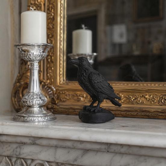 Nostalgie 3D Printed Crow Statue, Gothic Dark Academia Bird Sculpture, Matte Black Raven Figurine, Stable Rock Base for Desk Display Cabinet,