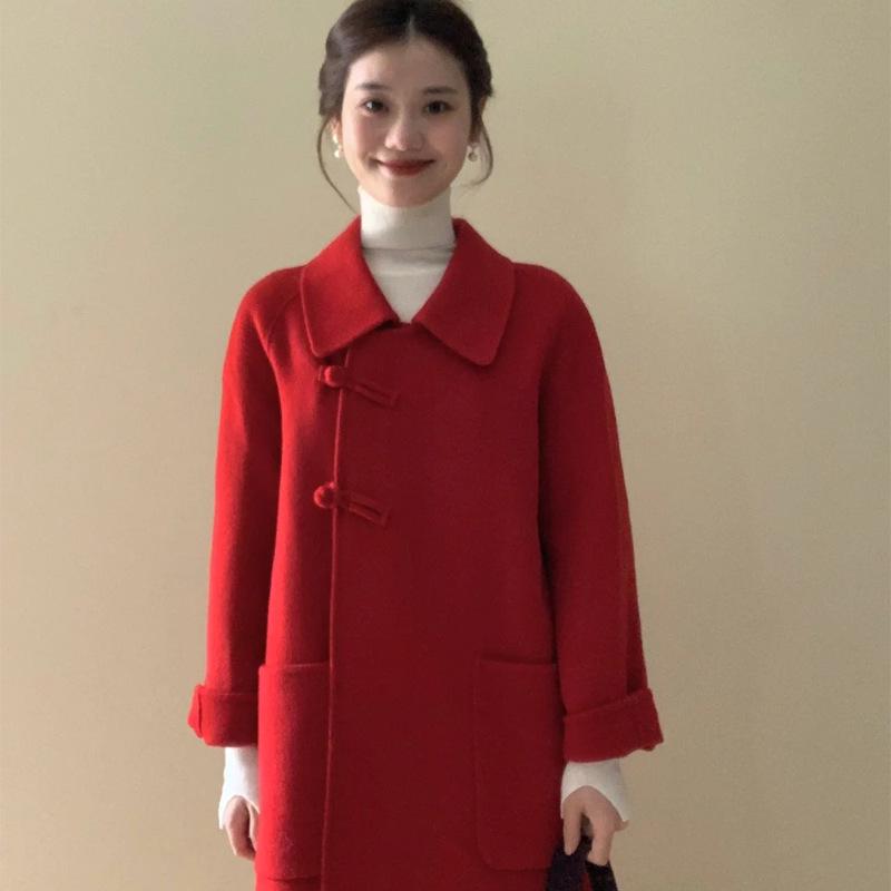 2025 New Hepburn Style Red Woolen Coat for Women - Autumn/Winter Palette, Petite to Medium Long Length S [up to 95 kg] красный