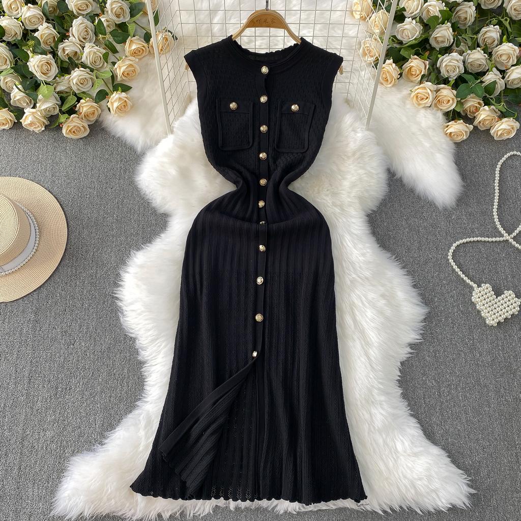 Summer Women O-neck Sleeveless Single Breasted Knitted Mid-calf Slim Tank Sweater Dresses