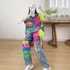 2026 3D Floral Graffiti Denim Sleeveless Shirt Wide Leg Pants Set Women