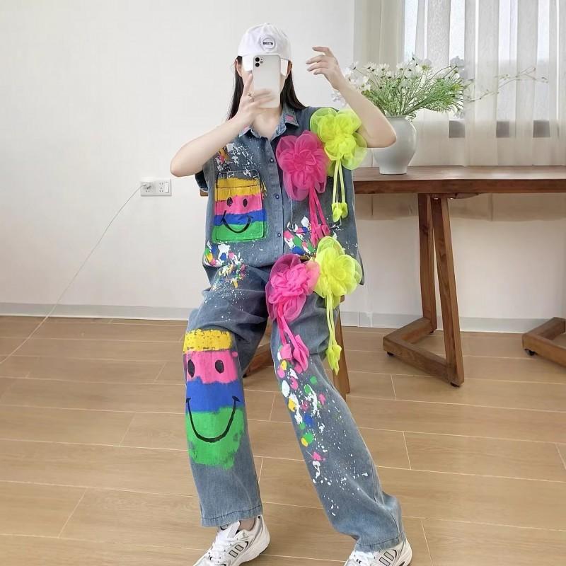 2026 3D Floral Graffiti Denim Sleeveless Shirt Wide Leg Pants Set Women