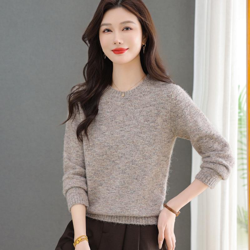 Women's Solid Color Wool Sweater - Autumn/Winter 2025, Round Neck Knitted Top