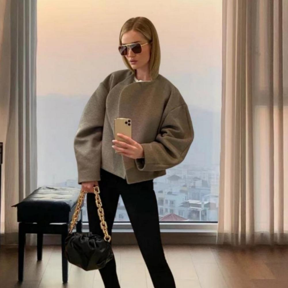 VAYLA Casual Short Jackets Women Elegant Loose Round Neck Solid Street Cardigan Lady Long Sleeves Outwears Lady