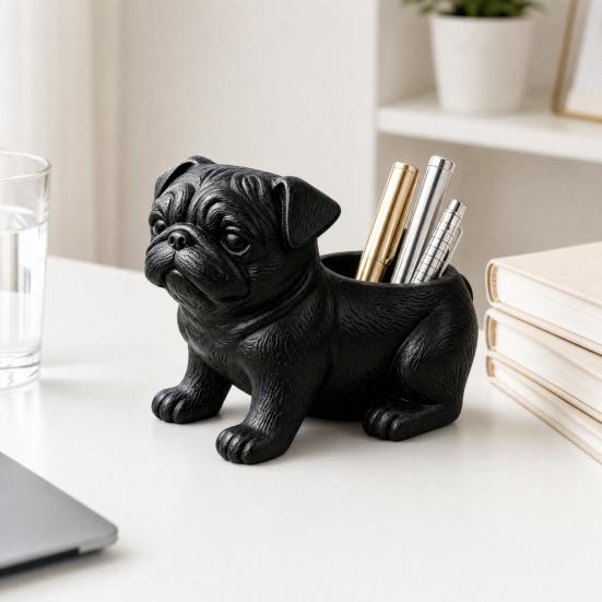 3D Printed Pug Figurine Planter, Realistic Dog Statue with Back Planting Slot, Matte Black Decor for Succulents Mini Plants Herbs, Multi-use Storage
