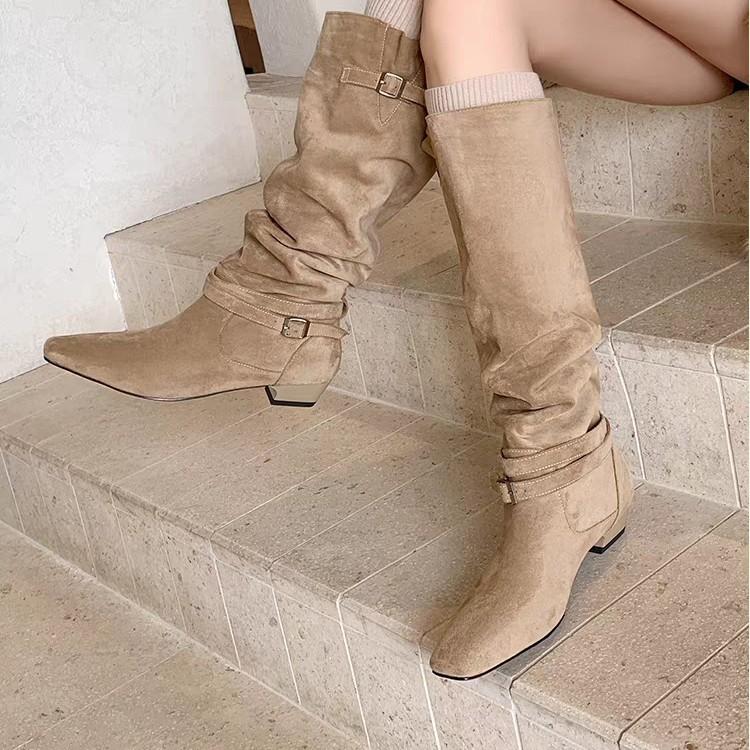 Ancient Old Suede Piled Boots Women'S Pointed Head Low Heel Belt Buckle Western Medium Boots Lazy Pleated Sleeve Trouser Tube Boots