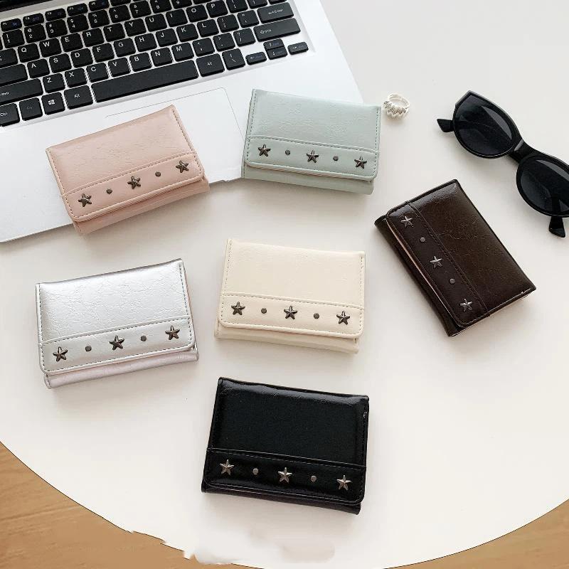 Pu Star Rivet Trifold Wallet Ultra Thin Multiple Slots Card Holder Large Capacity Compact Size Coin Pocket Daily Use