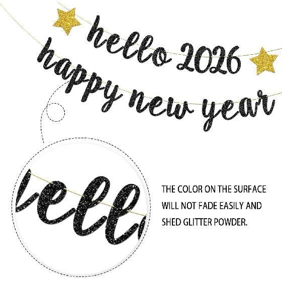 Hello 2026 Banner, Home Office Celebrations Party Decorations Happy New Year Party Hanging Sign New Year's Eve Bunting Supplies Black Glitter