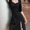 2026 French Chic Little Black Dress: Square Neck Mid-Length with Slit