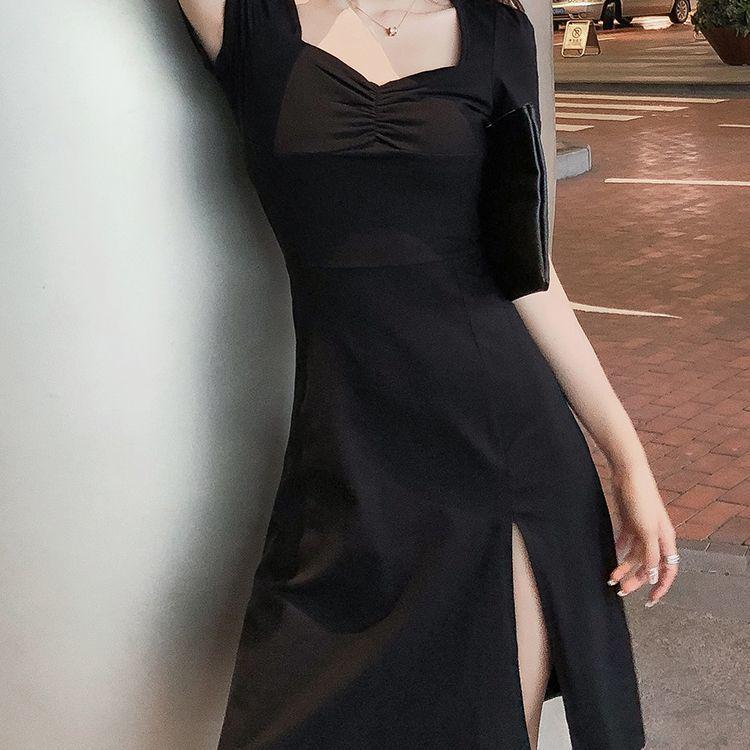 2026 French Chic Little Black Dress: Square Neck Mid-Length with Slit