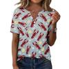 Women Casual V Neck Short Sleeve Button Front T Shirt Lobster Print Lightweight Summer Top