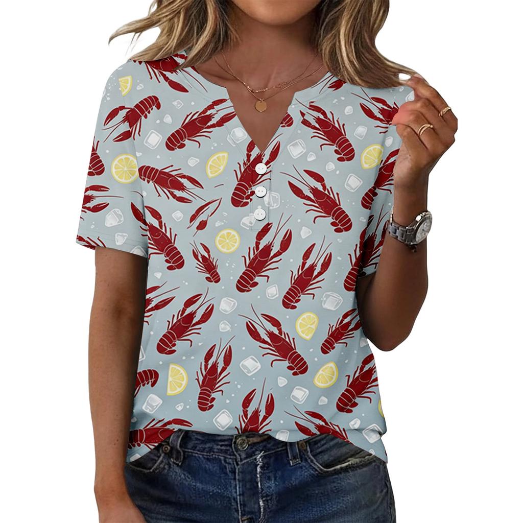 Women Casual V Neck Short Sleeve Button Front T Shirt Lobster Print Lightweight Summer Top
