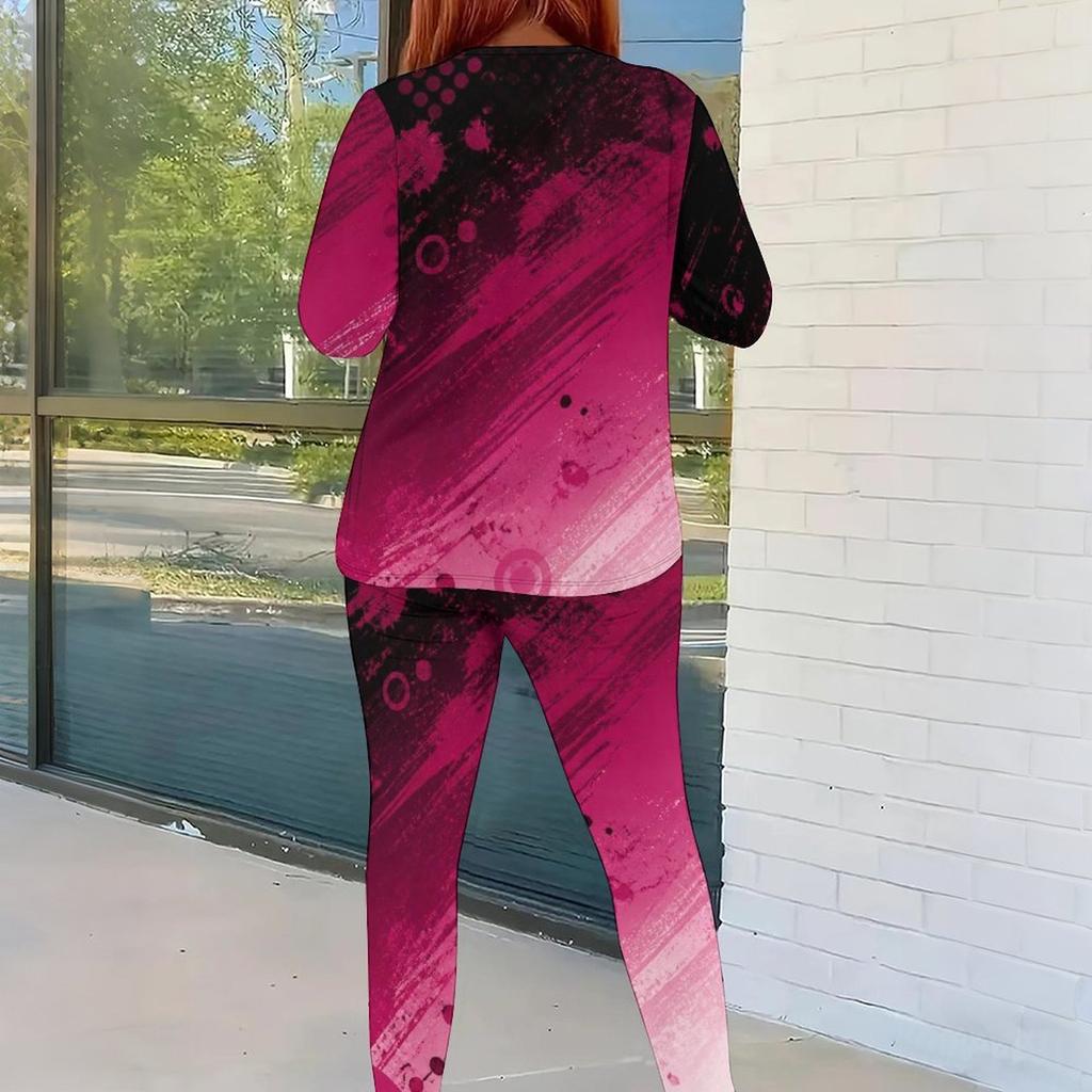 Women Plus Size Round Neck Long Sleeve Red Black Printed Fitted Pants Two Piece Set