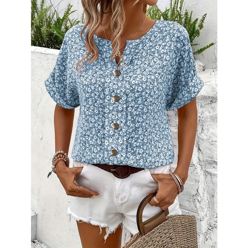 Summer Printed Women's T-shirt Elegant Floral Buttons Short Sleeve Loose Casual T-shirts Women Fashion Vintage Office Ladies Pullover Tee Tops New