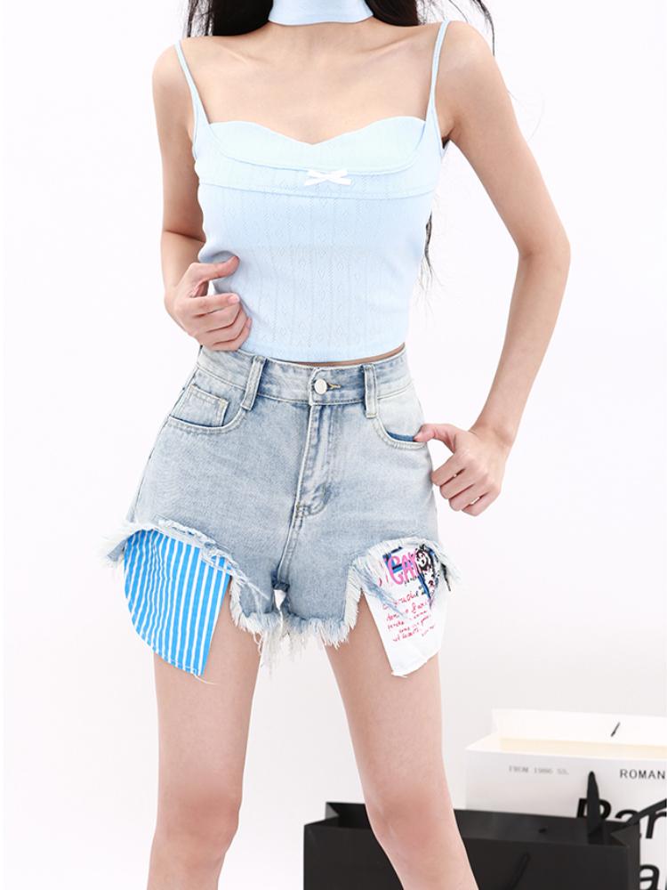 2024 Summer Retro Hot Girl A-line Loose Denim Shorts Office Lady Y2k Causal High-waist American Style Slim Shorts Korean Fashion