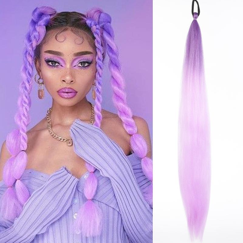 

LUPU Synthetic Ponytail Extension with Elastic Tie Hair Band 26 Long Straight Colored Braiding Ponytail Ombre Pink Purple Blue 26inches