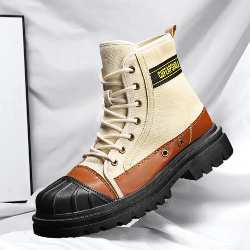 2025 New Men's High-top Anti-collision Work Boots 2025 Spring and Autumn Big-head Motorcycle Boots Canvas Shoes Fashion Boots