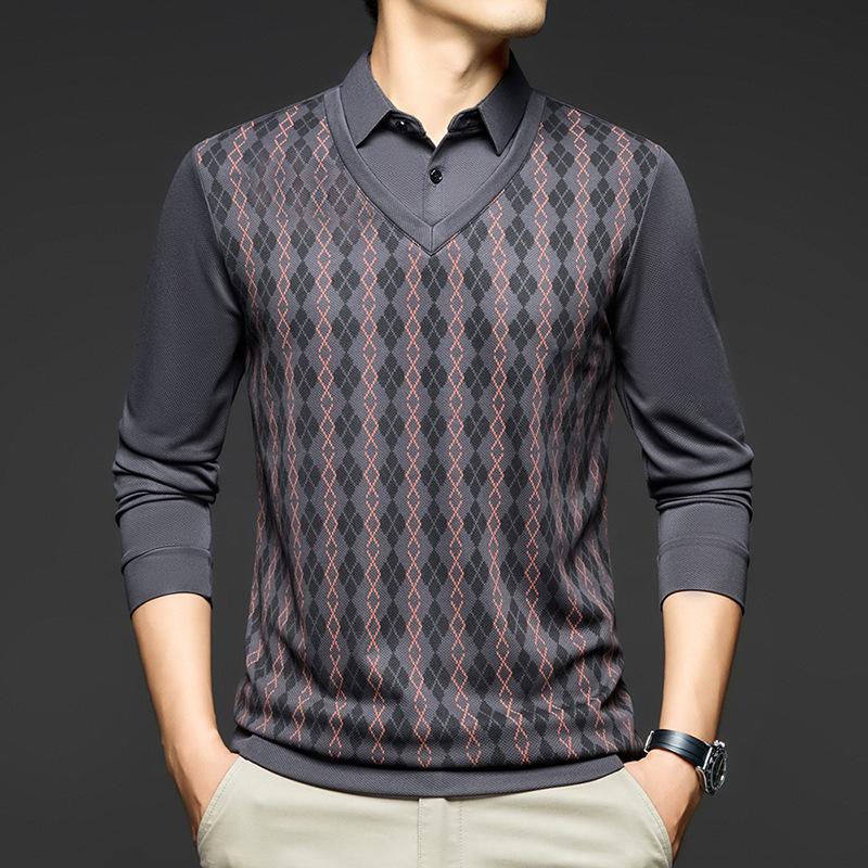 Men's Long Sleeve Rhombus Print Lapel T-shirt - Fake Two-Piece Casual Top