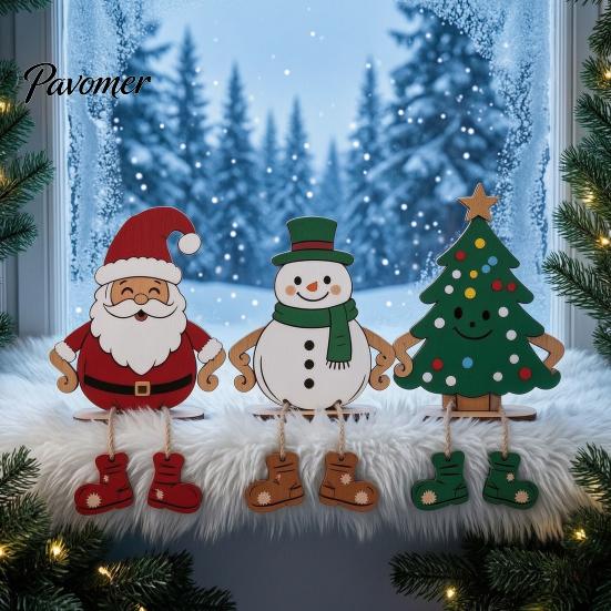 Durable Wooden Xmas Crafts 3Pcs 2D Christmas Hanging Ornaments, Cartoon Santa Snowman Tree Figurines Holiday Decorations for Home with Leg Design,