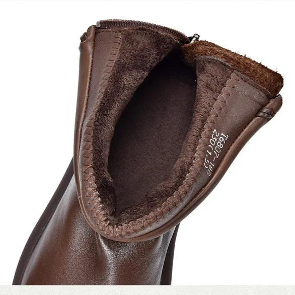 Johnature Turned-over Edge Plush Warm Cotton Shoes Genuine Leather Anti Slip Women's Ankle Boots