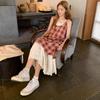Lace Patchwork Plaid Sling Dress - Women's Summer 2025 New Loose Slimming Two-Piece Skirt.