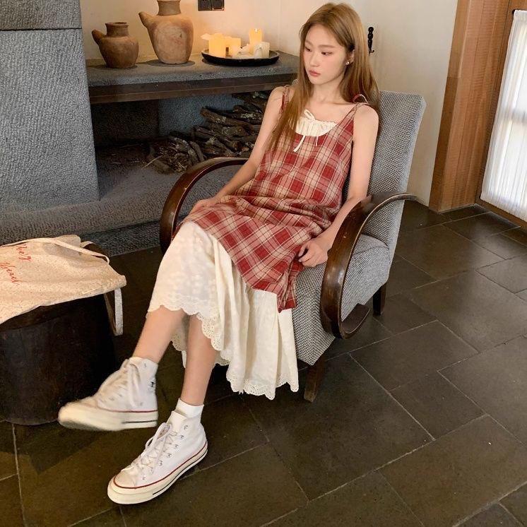 Lace Patchwork Plaid Sling Dress - Women's Summer 2025 New Loose Slimming Two-Piece Skirt.