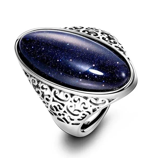 Retro Silberring Vintage Blaues Sandstein Großer Stein Luxuriöser Eleganter Ring Feines Geschenk Ringe für Damen Herren